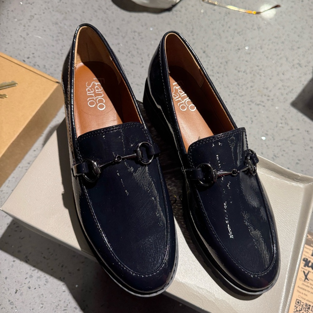Franco Sarto Cason horsebit loafers in navy blue patent vegan leather